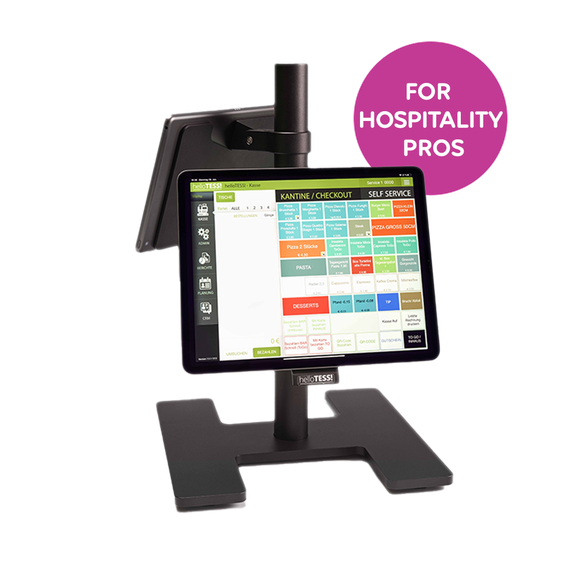 iPad cash register helloTESS! with touch screen, large gastronomy mode and basic stand.